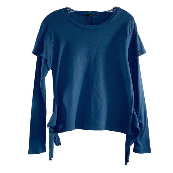 Monrow Double Layer Front Tie Popover Long Sleeve Top Dark Teal Blue Small - Picture 1 of 4